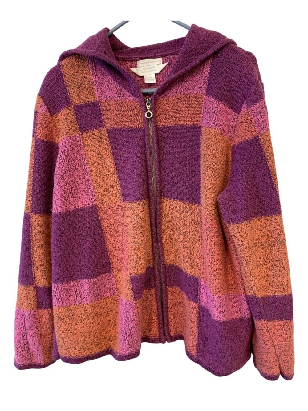 CJ Banks Womens 1X Purple Pink Orange Patchwork Zip Up Cardigan Boho Artsy